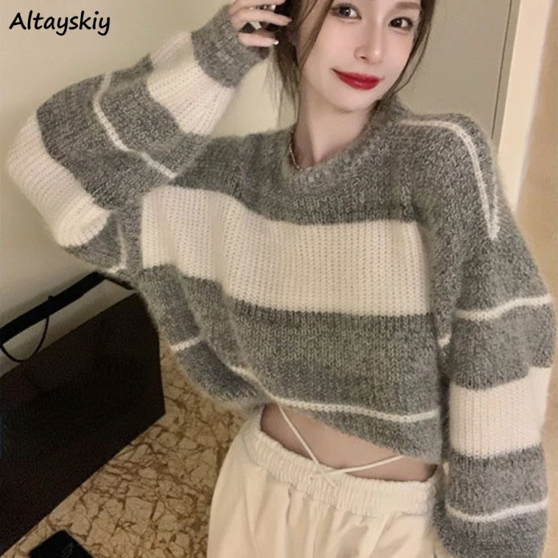 Striped Pullovers Women Soft Baggy Knitted Crop Sweater Autumn Simple Streetwear Casual All-match Sueter Mujer Comfort Ulzzang