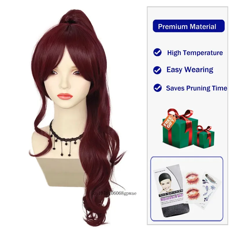 النبيذ الأحمر الأميرة تأثيري الباروكات الاصطناعية طويلة متموجة شعر مستعار مجعد مع الانفجارات وذيل حصان هرقل زي حفلة الهالوين الاستخدام اليومي