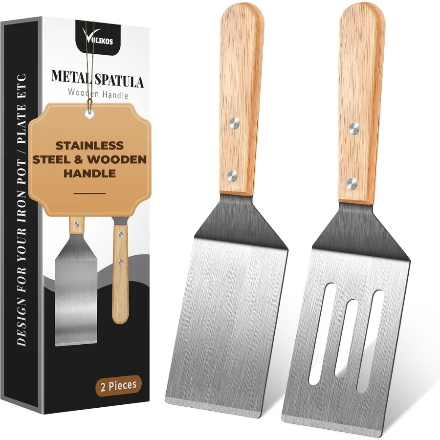 

Stainless Steel Spatula Set 2 Pieces Metal Spatula for Cast Iron Skillet Metal Spatulas for Kitchen Use with Wooden Handle Idea