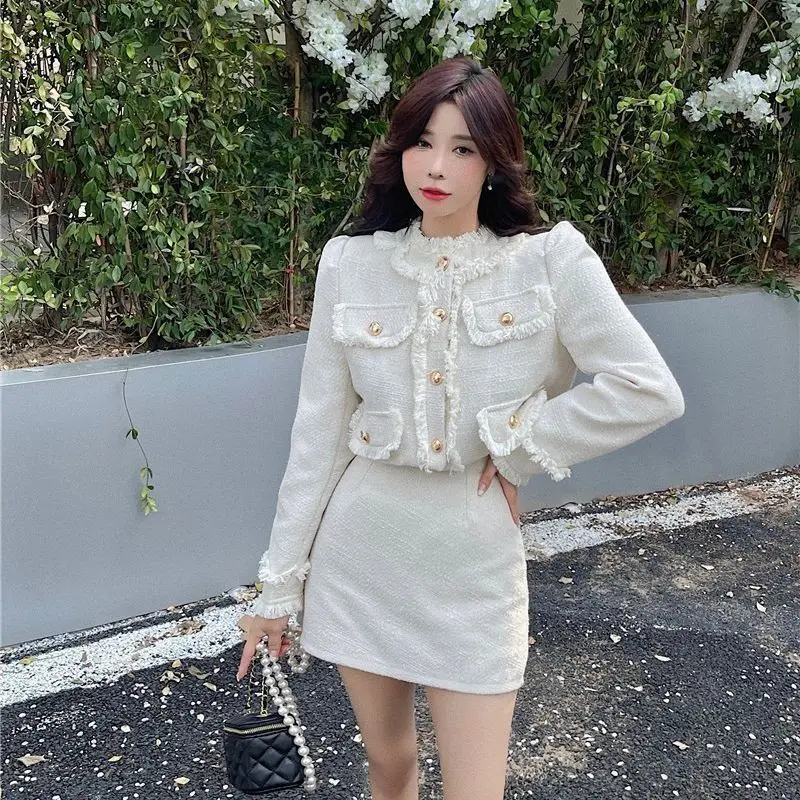 

Insozkdg Small Fragrance Style Sets Skirt Two Piece Set Autumn/Winter New French Style Celebrity Short Coat + Mini Skirt Suits