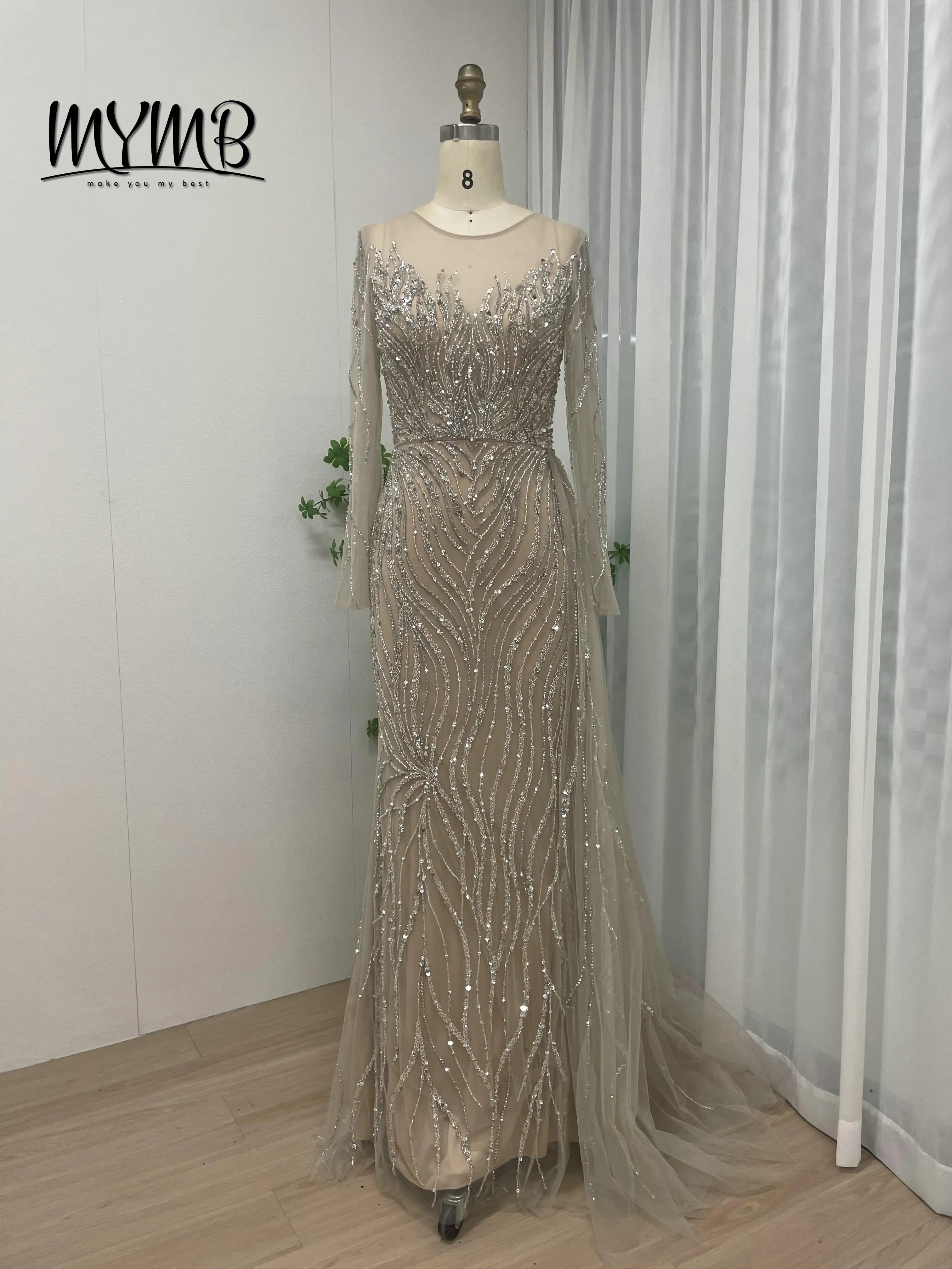 MYMB Fashionable Style Beaded Sequin Embroidered Tulle Long Sleeves Prom Dresses Scoop Neck Sexy Evening Gowns for Women MY30020