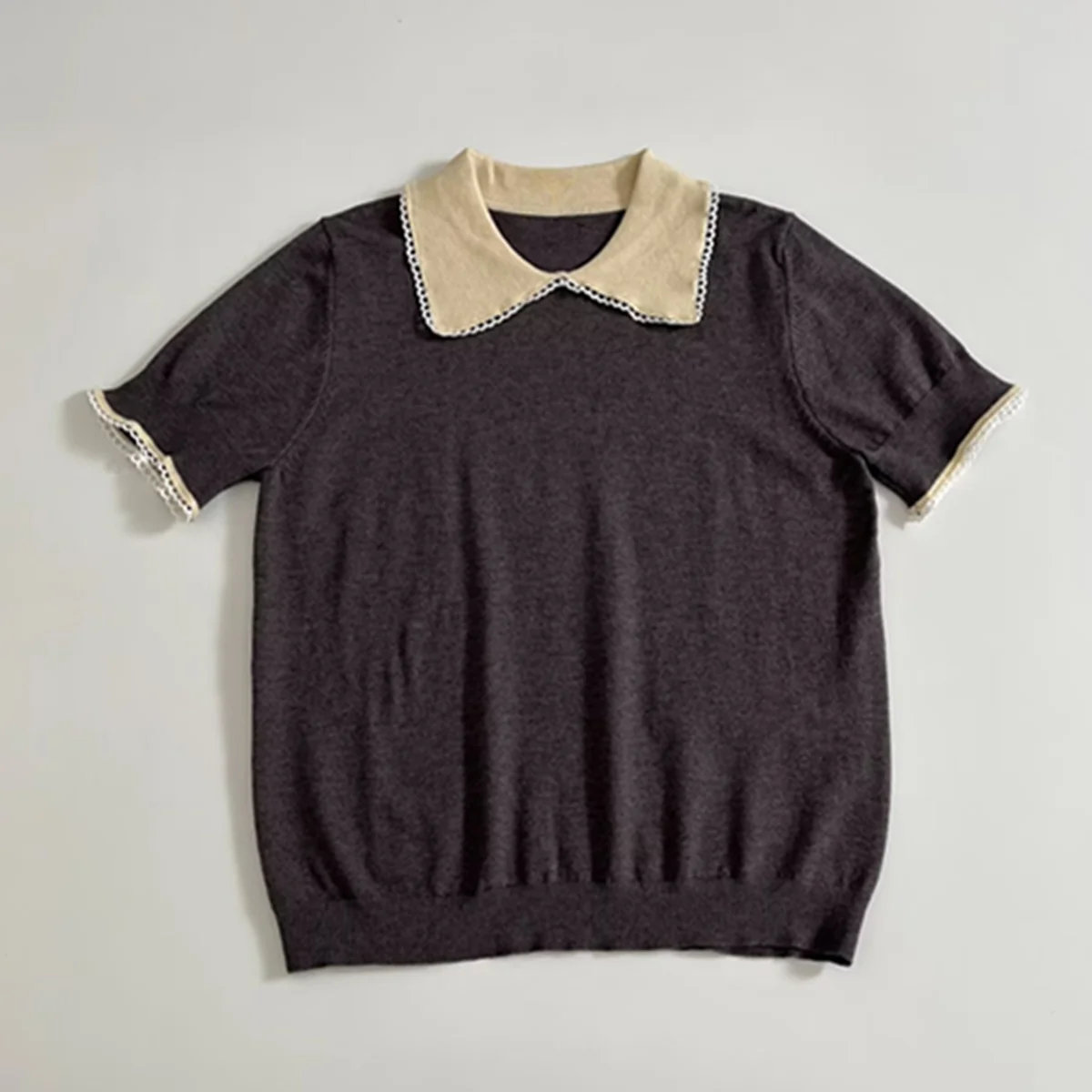 

Maxdutti Minimalist Lace Knit Polo Shirt 2026 Spring Summer Tops Fashion Lady Elegant T-shirt Woman Clothes Female Clothing