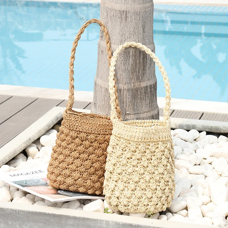 Korean Version Drawstring Woven Shoulder Handbag Leisure Vacation Seaside Beach Bag Summer Net Red Straw Bucket Bag Women