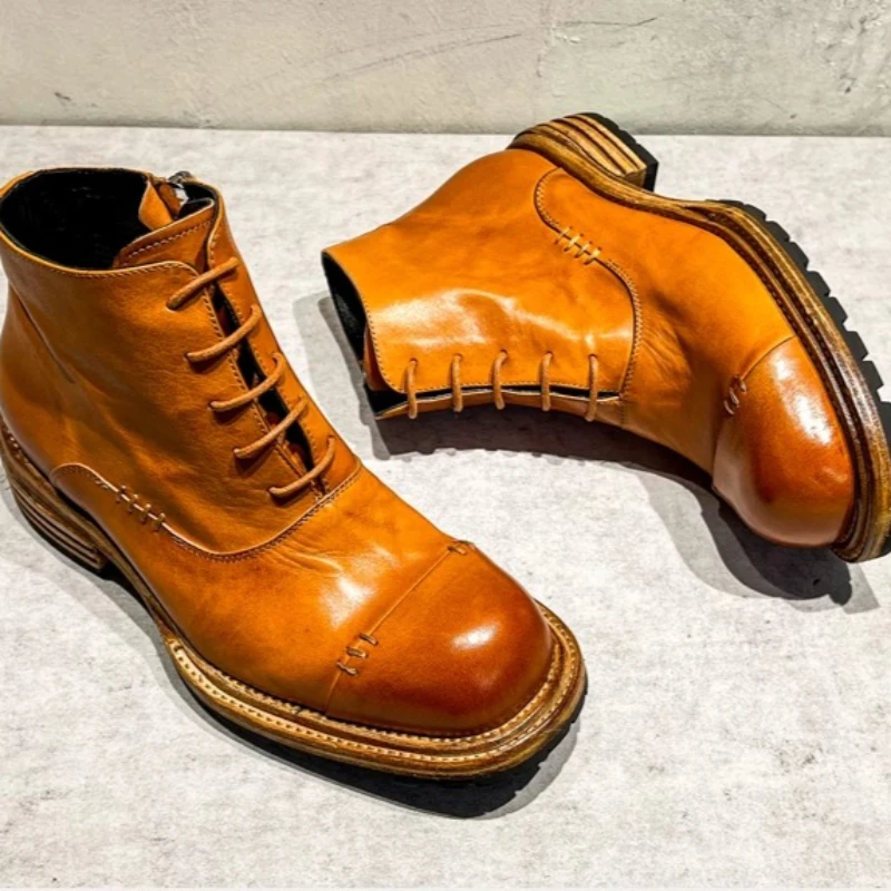 أحذية عالية الجودة من جلد الحصان المغسول على الطراز العرقي أحذية رجالية قابلة للتنفس من الجلد الطبيعي أحذية Goodyear مخيطة يدويًا بسحاب جانبي #4