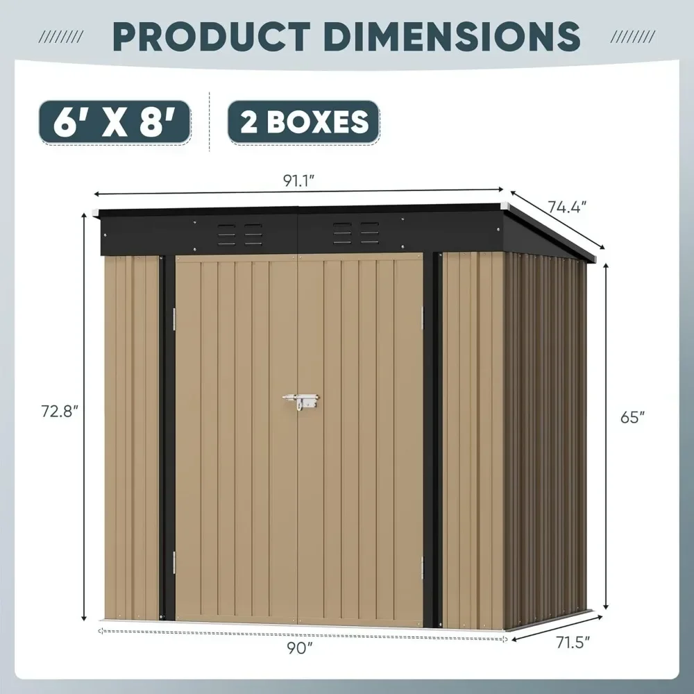 6 x 8 FT Outdoor Storage Shed, Metal Garden Tool Sheds & Outdoor Storage House with Sloped Roof for Patio Lawn Backyard (Brown)