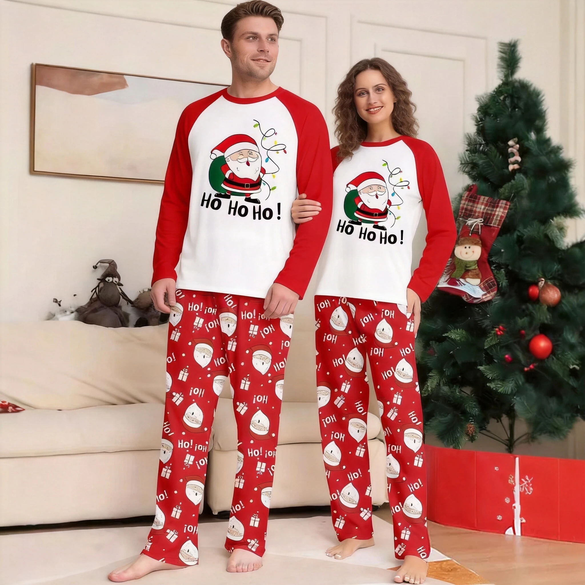 Adult Couple Christmas Pajama Set Santa Ho-ho-ho Print Long Sleeve Top & Pants Holiday Matching Sleepwear for Xmas Home Party