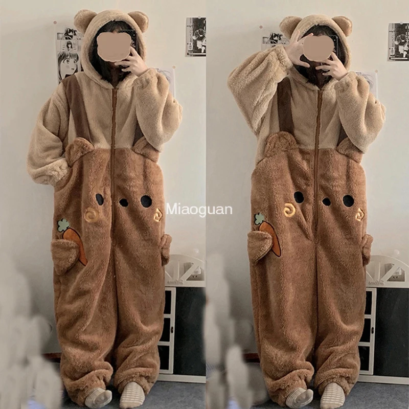 Cartoon Fleece Pyjama Flannel Anime Onesie Adults Animal Pajamas Set Women Men Warm Winter Bear Sleepwear Cosplay Halloween 2024