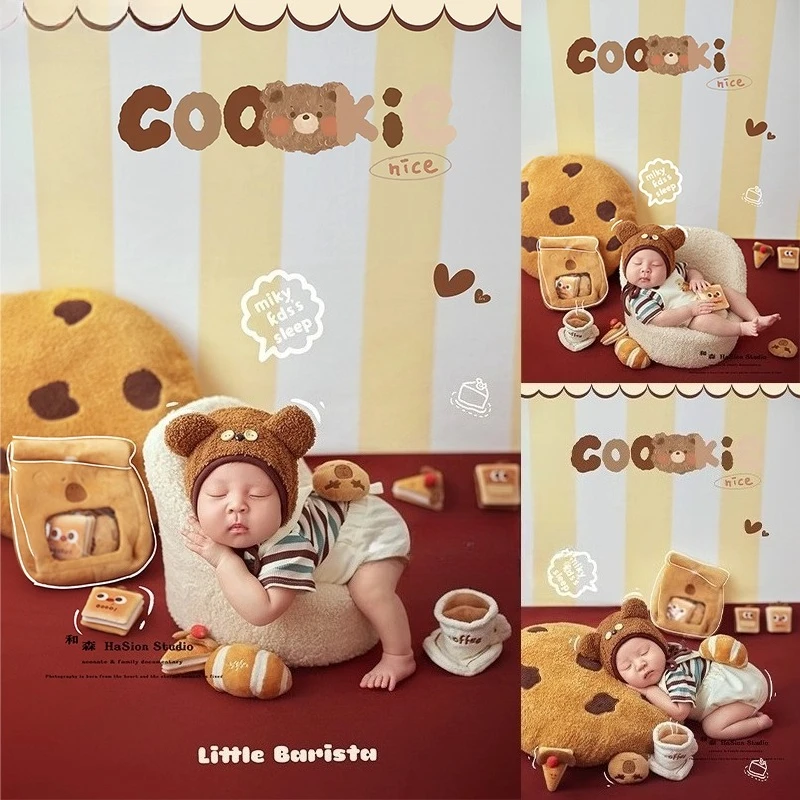 

Newborn Photography Props for Baby Photo Shooting Cute Bear Outfit with Cookies Decors Backdrop Theme Set for Studio Photoshoot