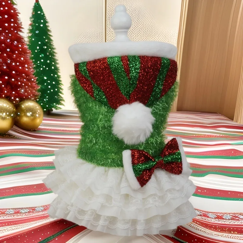 Haustier Weihnachten Funkelndes Plüsch Hundekostüm Paillettenkleid Hund Mesh Spleißen Außenturm Weihnachtsfeier Klassisches Kapuzenkleid