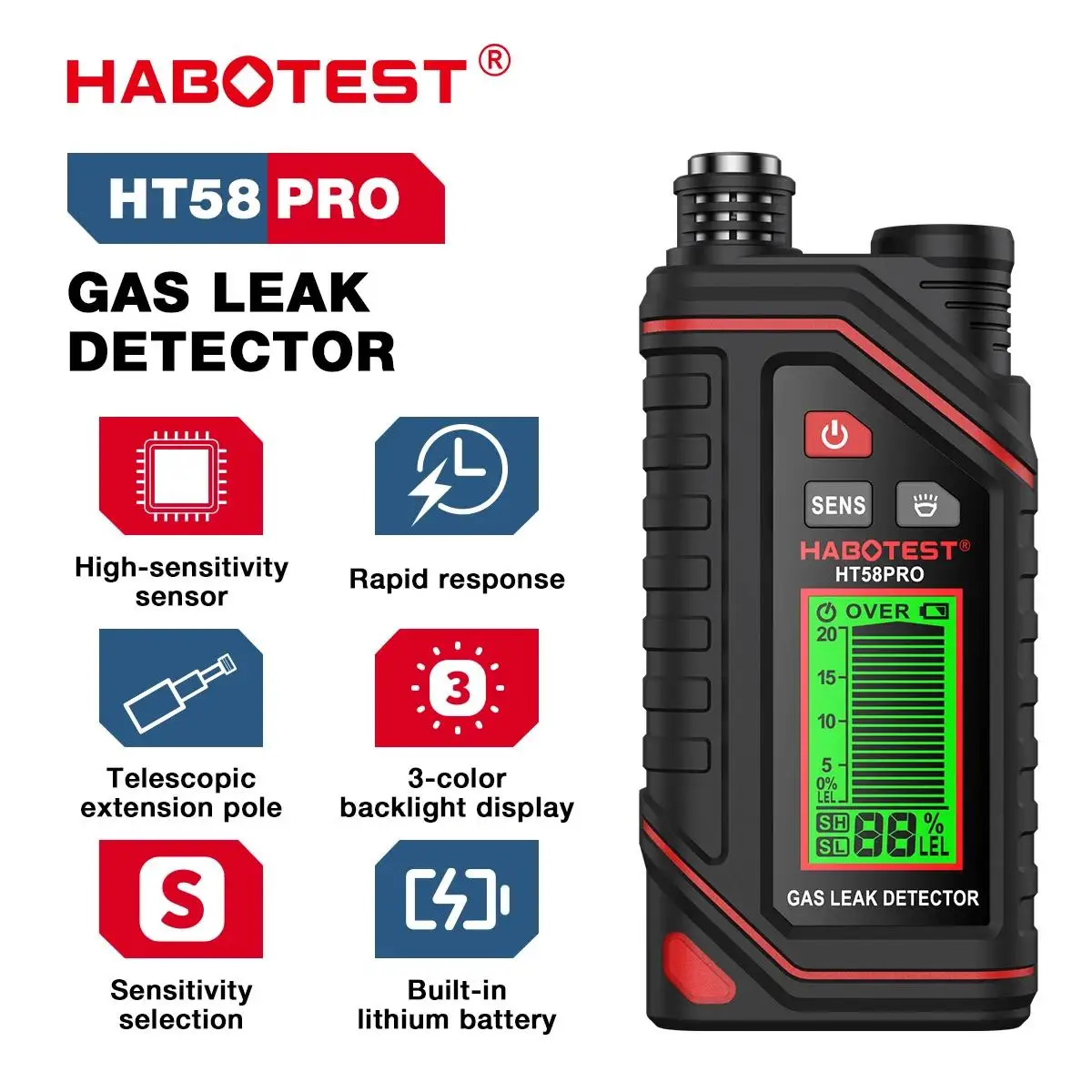 HABOTEST HT58PRO كاشف تسرب الغاز الغاز مستشعر الغاز عالي الدقة مستشعر حساس كاشف الغاز القابل للاحتراق المحمول