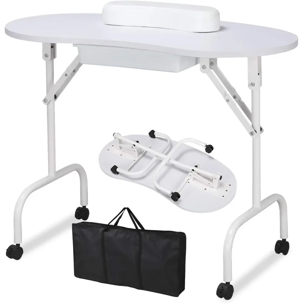 

37-inch Portable & Foldable Manicure Table Nail Desk Workstation with Large Drawer/Client Wrist Pad/Controllable Wheels