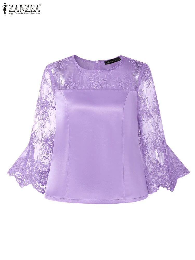 ZANZEA Elegant Shiny Satin Blouses Women Embroidered Tulle Patchwork Round Neck 3/4 Flare Sleeves Blusas Mujer Classy Solid Tops