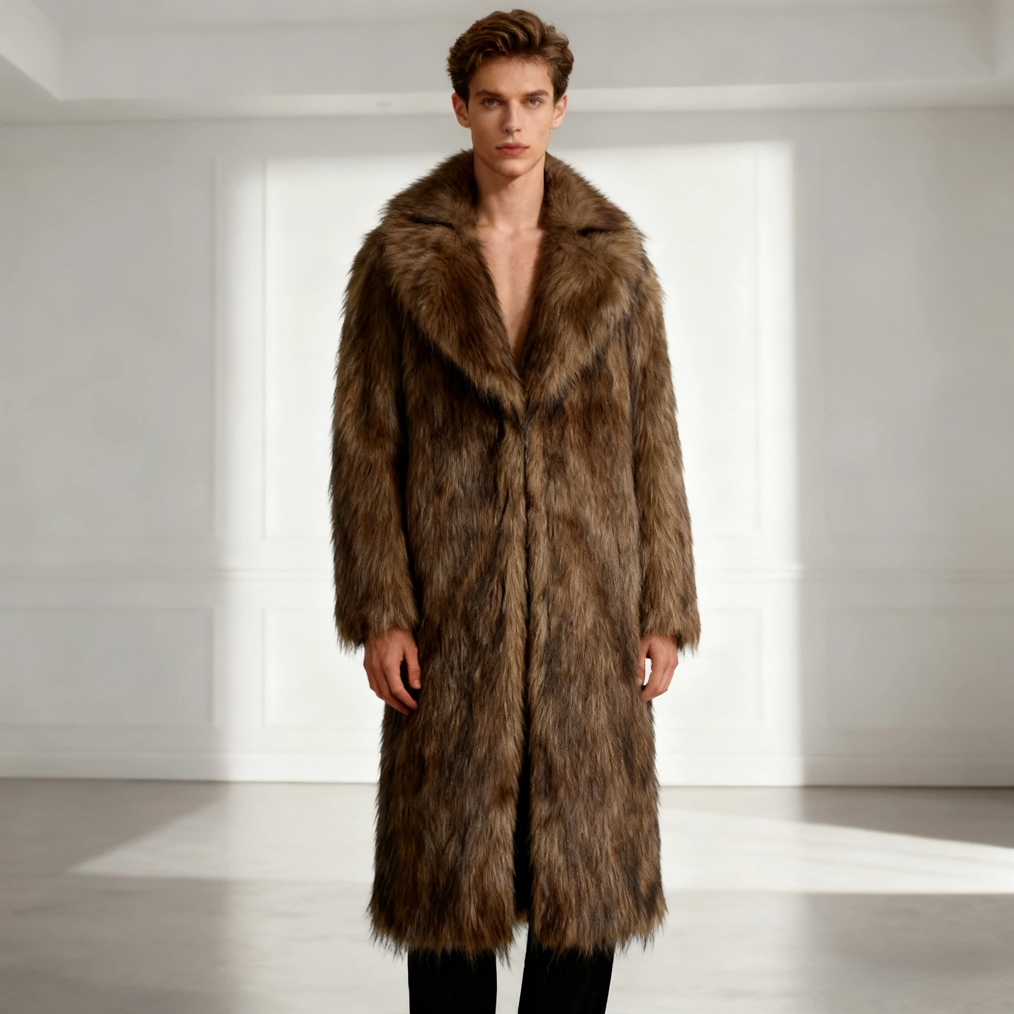 

Maxi Faux Fur Men Long Coats Jackets Casual Turn Down Collar Coat Thick Warm Streetwear Trench Outerwear Autumn Winter 2025