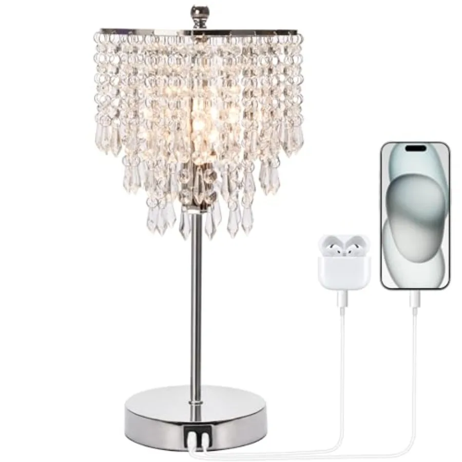 

Touch Control Crystal Table Lamp with USB C+A Charging Ports, 3-Way Dimmable Bedside Touch Lamp Decorative Nightstand Lamp with