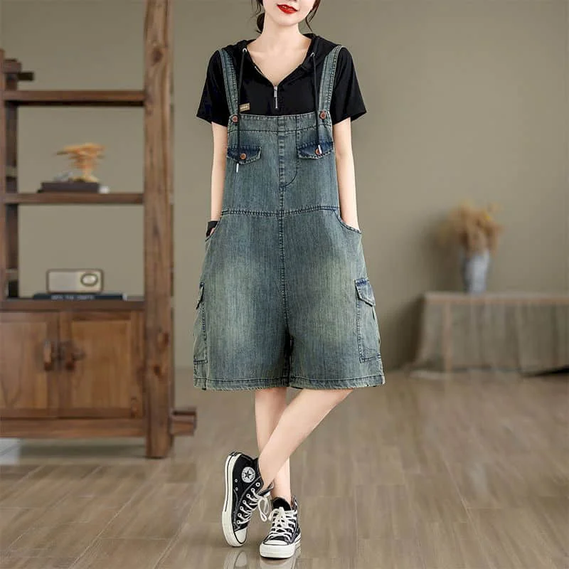 Denim Jumpsuits Women Workwer Vintage Korean Style One Piece Outfit Casual Cropped Rompers Lantern Jeans Summer Women Clothing