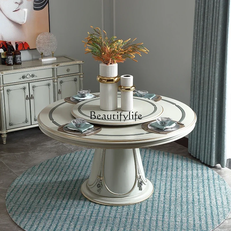 

yj5French Entry Lux Wood Carved round Table Turntable Household European Beech Dining Table