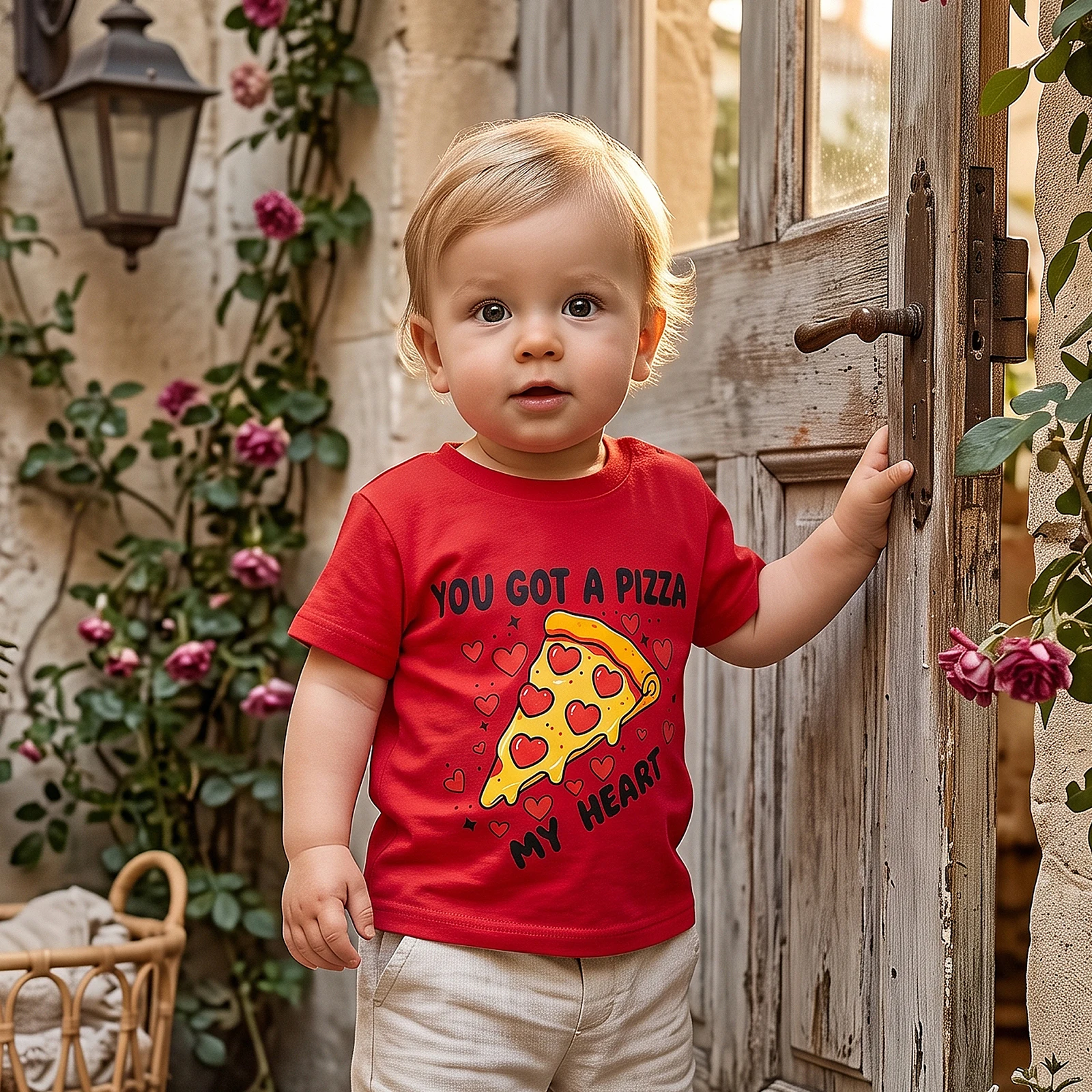 Boy Valentine s Day Tshirt Short Sleeve Pizza Muffin Letter Heart Tops