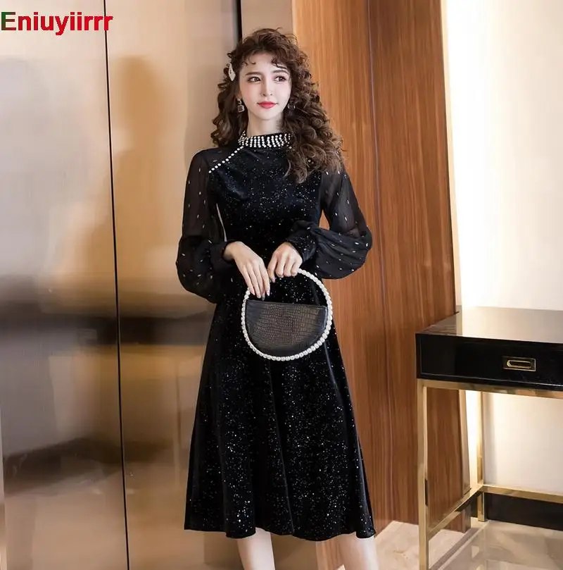 Women 2022 New Year Winter Spring Basic Wear Sexy Sheer Mesh French Black Long Elegant Party Beaded Bling Velvet Dress 5869