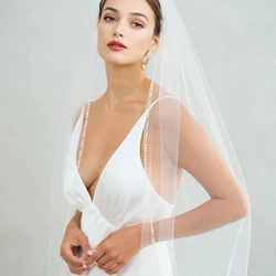 Elegant Bridal Veils Pearls Crystal Wedding Veil Beaded Edge 1 Tier Fingertip Length Soft Tulle with Comb Bridal Accessory VP114