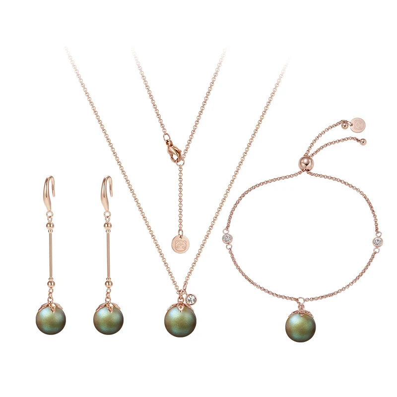 Fashion Retro Temperament  316 Stainless Steel Quality Electroplated  Green Pearl Dress Party Gift Earrings Necklace Jewelry Set