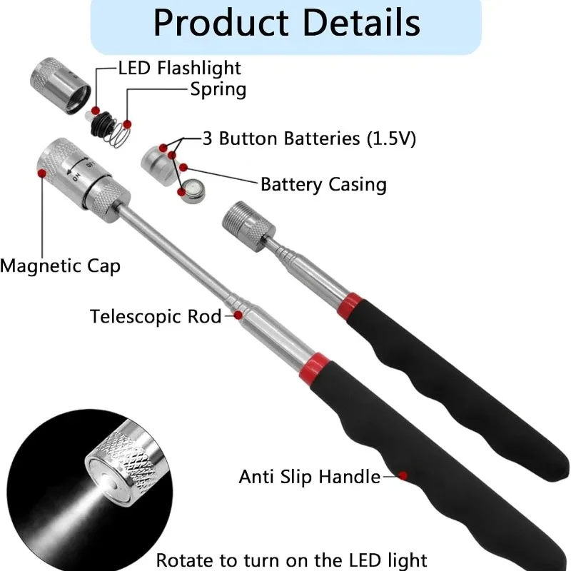 Mini Portable Magnet Tool Telescopic Magnetic Pen with LED Light Extendable Pickup Rod for Screws Nuts Bolts Metal Parts