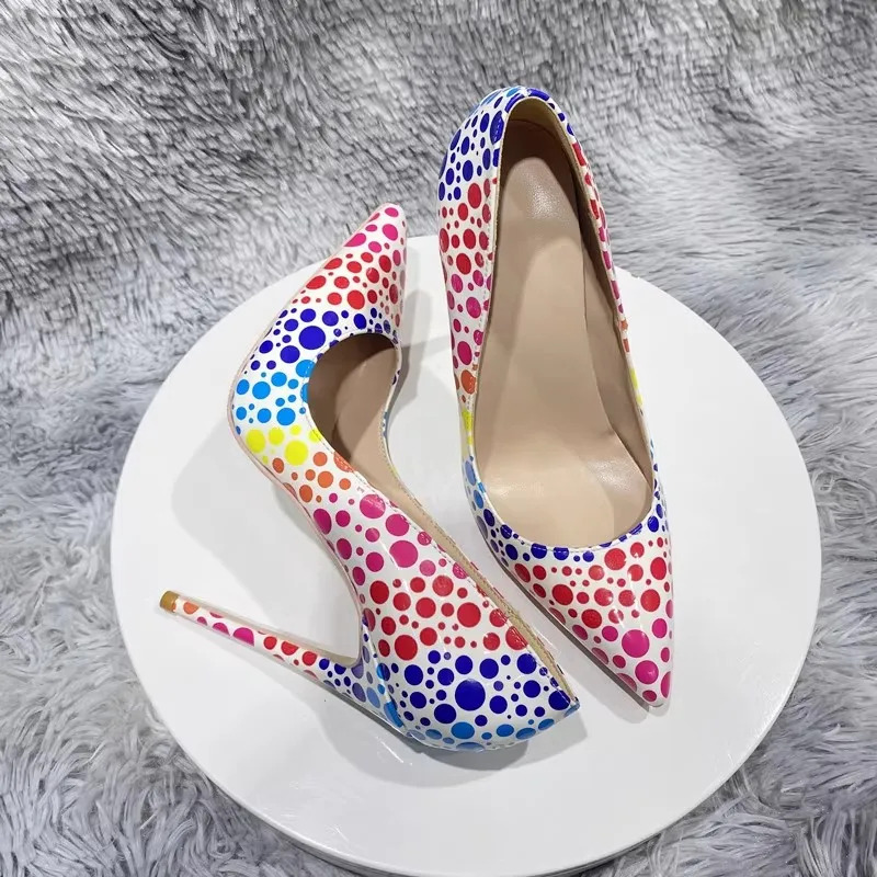 

2025 Spring New Women's Colorful Polka Dot High Heels Pointed Toe Stiletto Shallow Daily Office Ladies Large Size Single Shoes