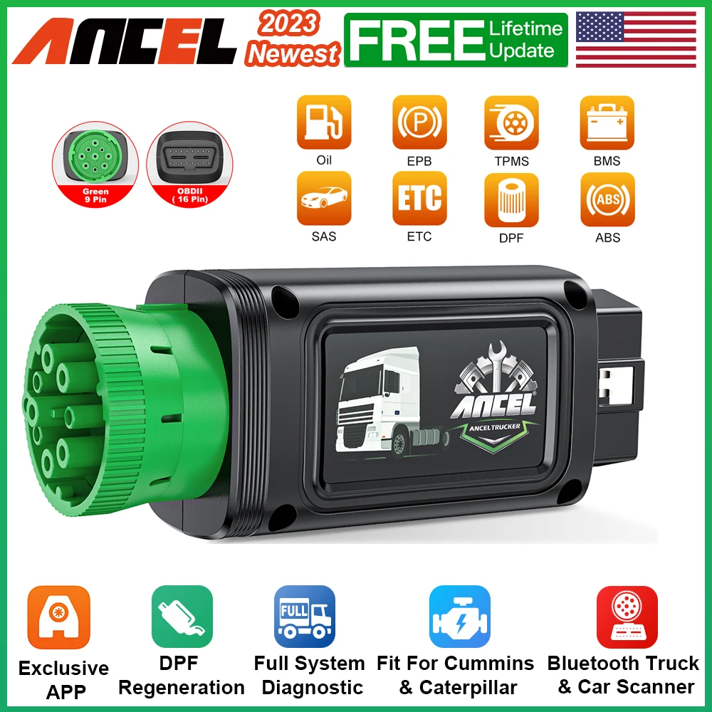 

ANCEL HD100 Bluetooth Diesel Heavy Duty Truck Scanner for Cummins Caterpillar D-P-F Regen 9/12 Pin All System Diagnostic Tool