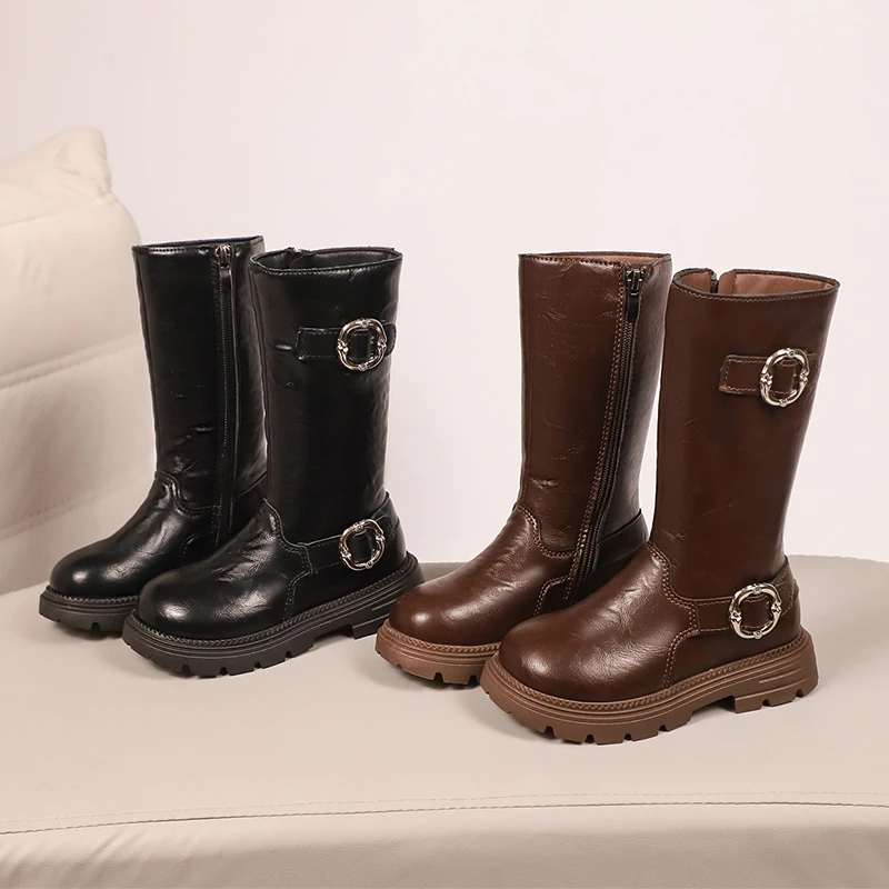 

Детские высокие сапоги, однотонные универсальные сапоги до середины икры для девочек, боковая молния, осень-зима 2022, детские кожаные сапоги в корейском стиле