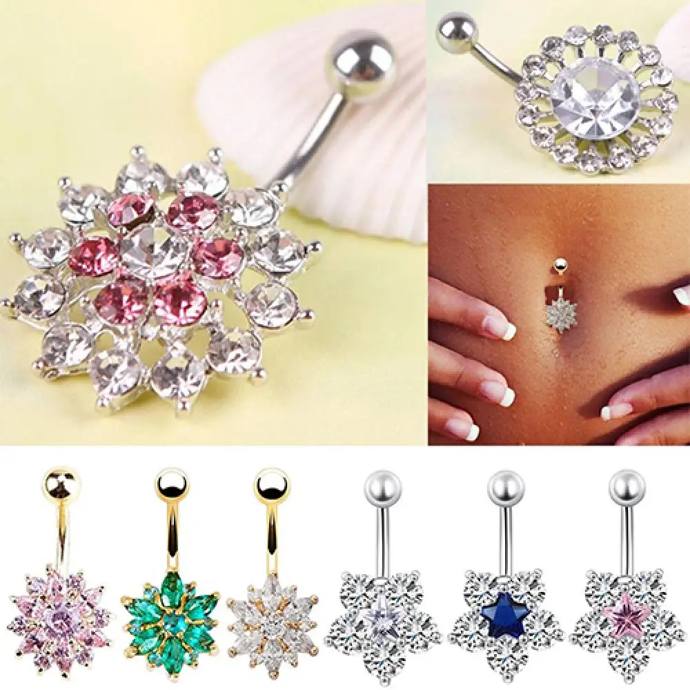 Women Rhinestone Flower Belly Button Navel Ring Bar Body Piercing Jewelry Charm piercing ombligo waist beads