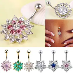 Women Rhinestone Flower Belly Button Navel Ring Bar Body Piercing Jewelry Charm piercing ombligo waist beads