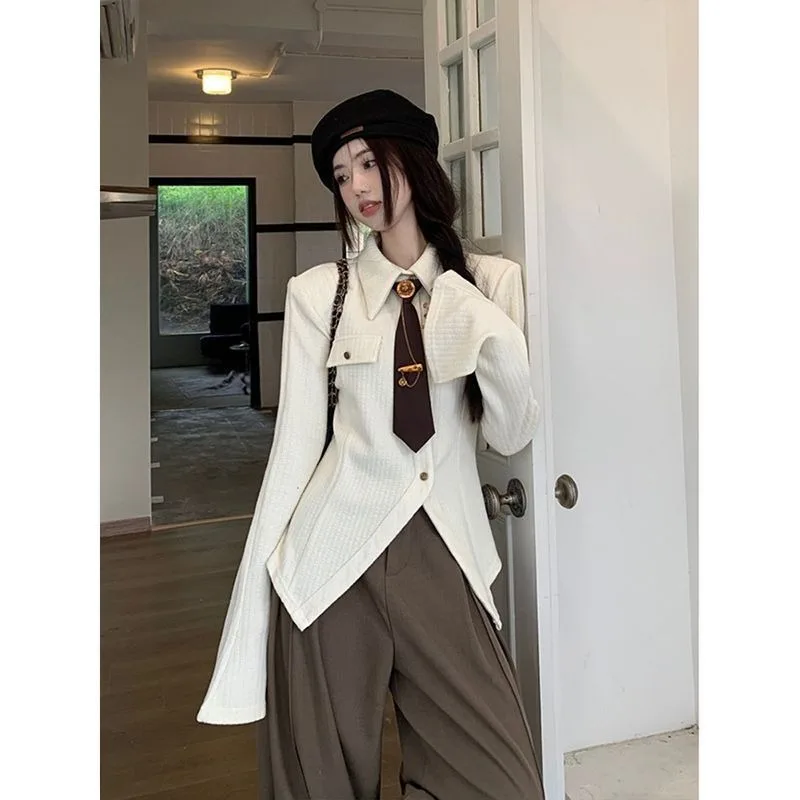 QWEEK Vintage Korean Style Shirt with Ties Elegant and Youthful Woman Slim Blouses Office Long Sleeve Button Up Clothes Autumn