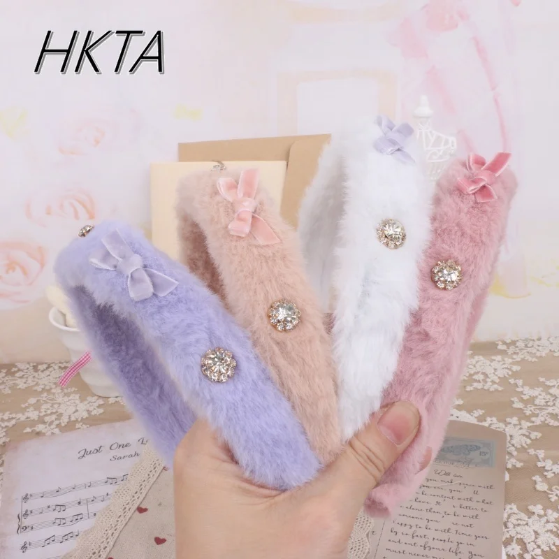 Handmade Japanese Mine Sweet Cute Hairy Rhinestone Velvet Bow Headband Female Sweet Kawaii Liz Hair Bow Clips Hair Accessories