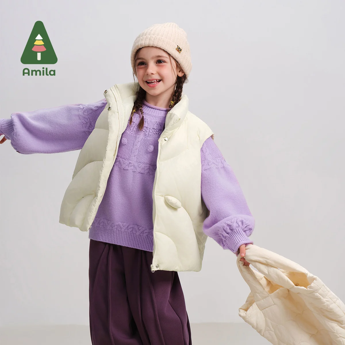 Amila Baby Sweater 2024 Winter New High Quality Solid Color Lantern Sleeve Round Neck Casual Loose Soft Children‘s Pullover