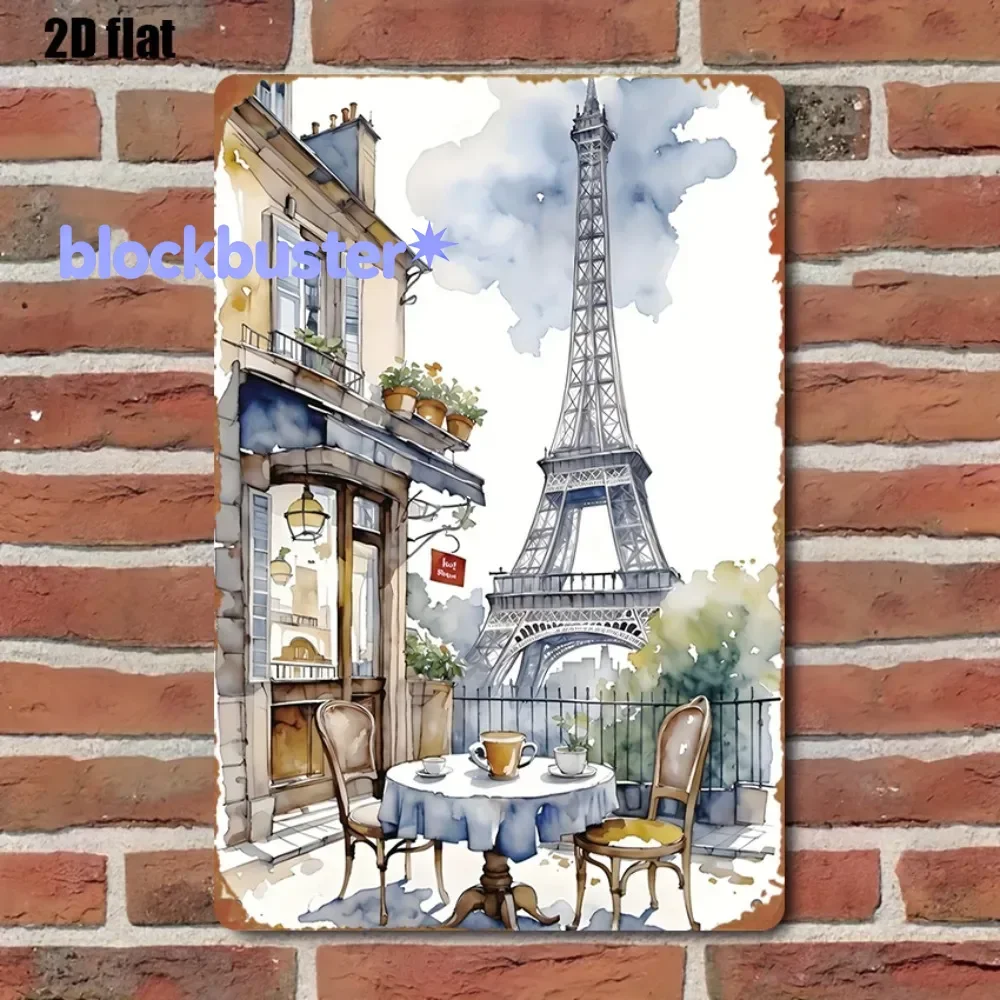 Letrero metálico vintage con escena de cafetería de París, de hierro, 8x12 pulgadas, placa decorativa retro para pared, para