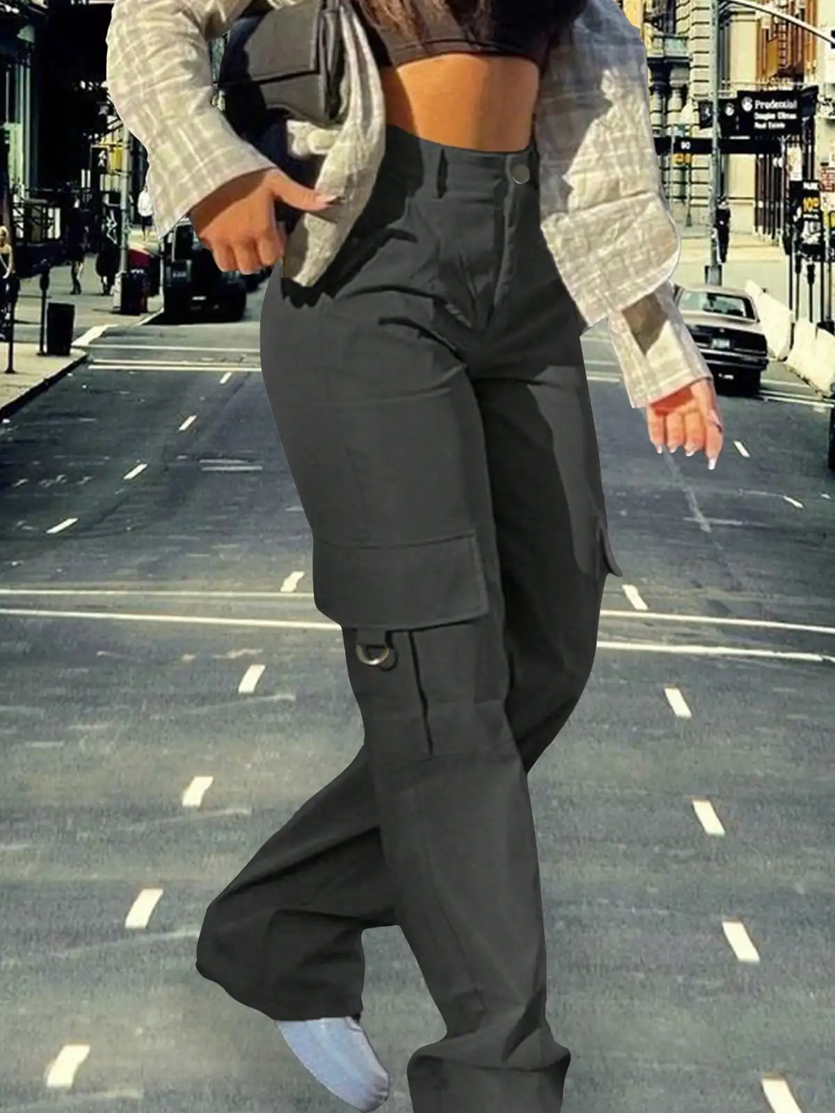 

2025 Newest Women's High-Waisted Cargo Pants Y2K Loose Stretch Straight Wide Leg Pants with Pocket Casual Work Pants Streetwear