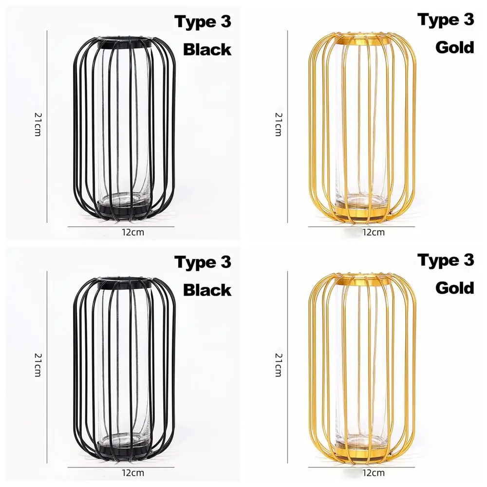 Retro Iron Art Vase Nordic Wrought Iron Glass Vase Black Gold Colors Hydroponic Flower Vase Geometric Line Frame Home Decoration