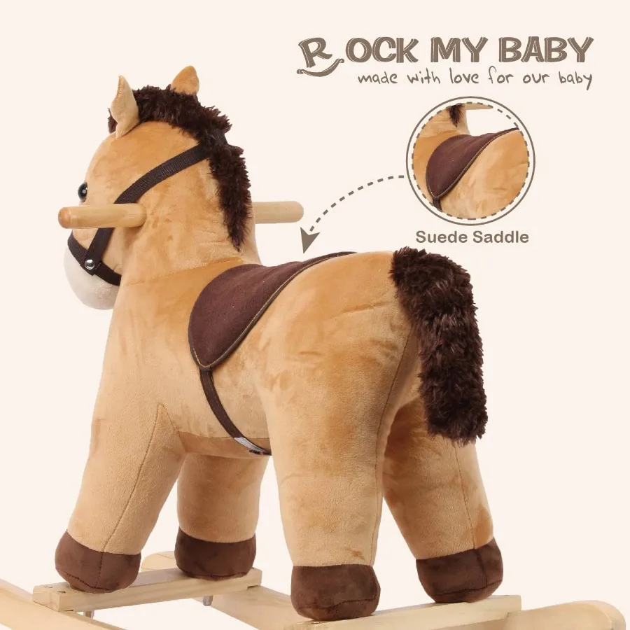 Rocking Horse Rocking Animal with Realistic Sound Stuffed Rocker for Toddlers 18M+ Soft Filling Ride on Pony Light Brown Horse