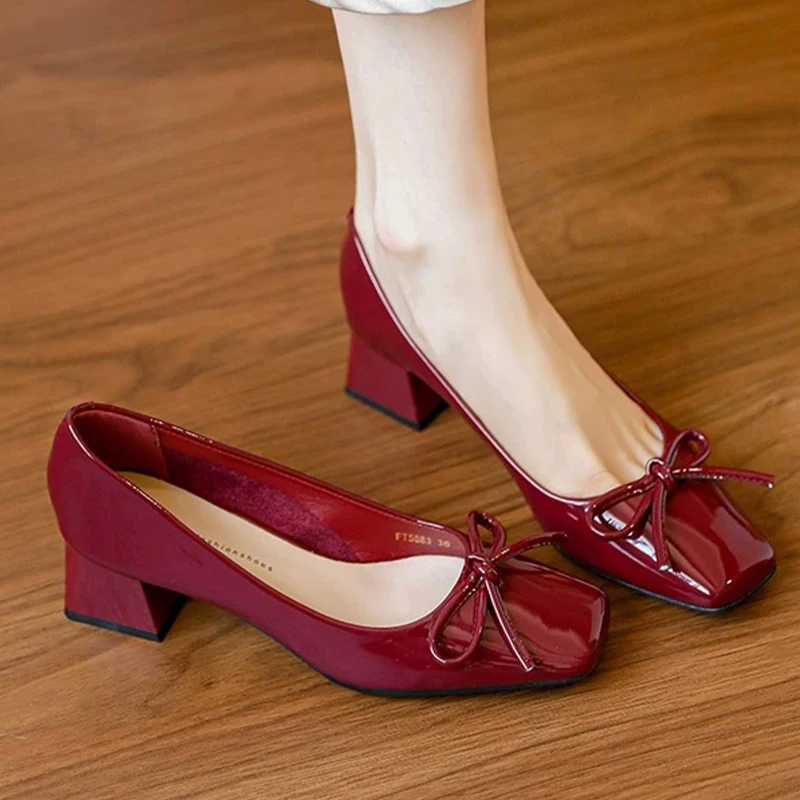 

Women's Shoes High Heels Bow Luxury Shoes Shallow Square Toe Spring Pumps 2026 New Fashion Dress Party Chunky Zapatos De Mujer
