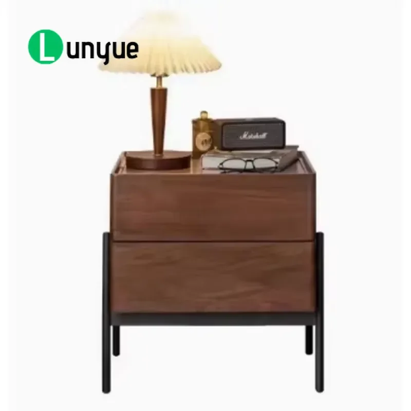 Solid Walnut 2 Drawer Nightstand Mid Century Modern Bedside Table with Metal Legs for Bedroom Living Room Storage Furniture