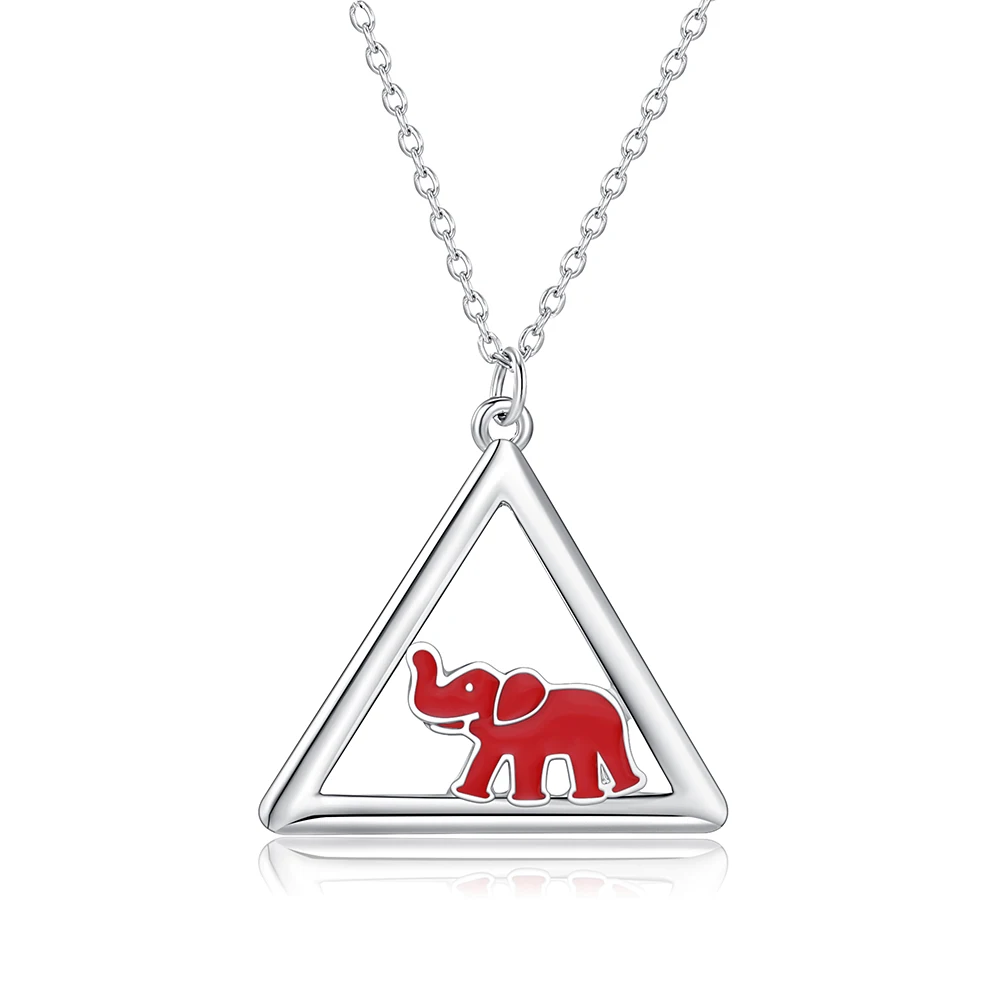 Red Elephant Triangle Pendant Necklace Stainless Steel Animal Charm Jewelry Cute Gift for Women Girls Fashion Accessories  ﻿