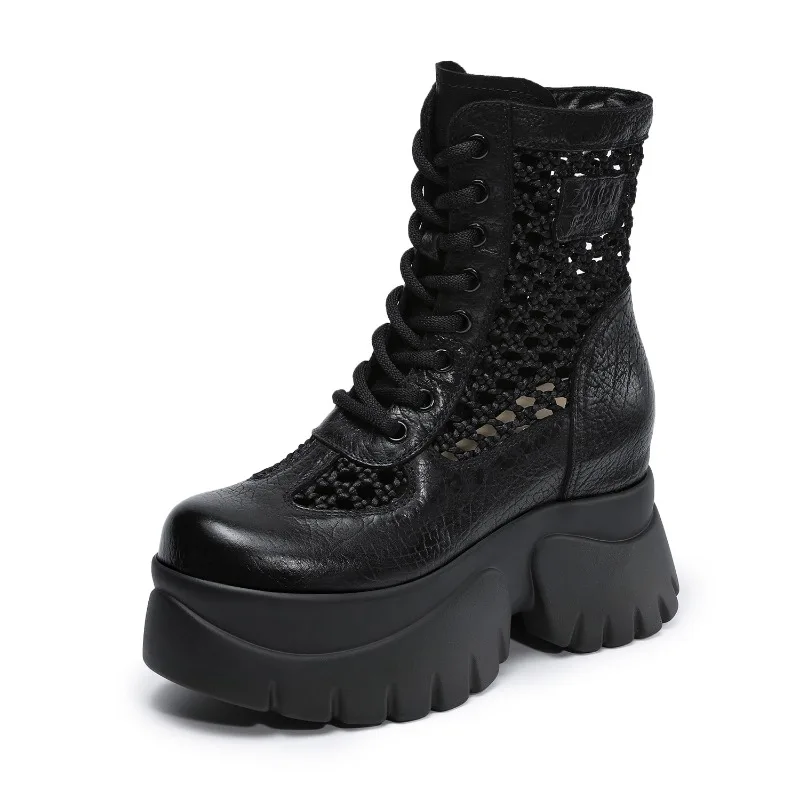 9.5cm Cow Air Mesh Genuine Leather Women Summer Flats Hollow ZIP Shoes Knee High Ankle Boots Sandals Platform Wedge Pumps