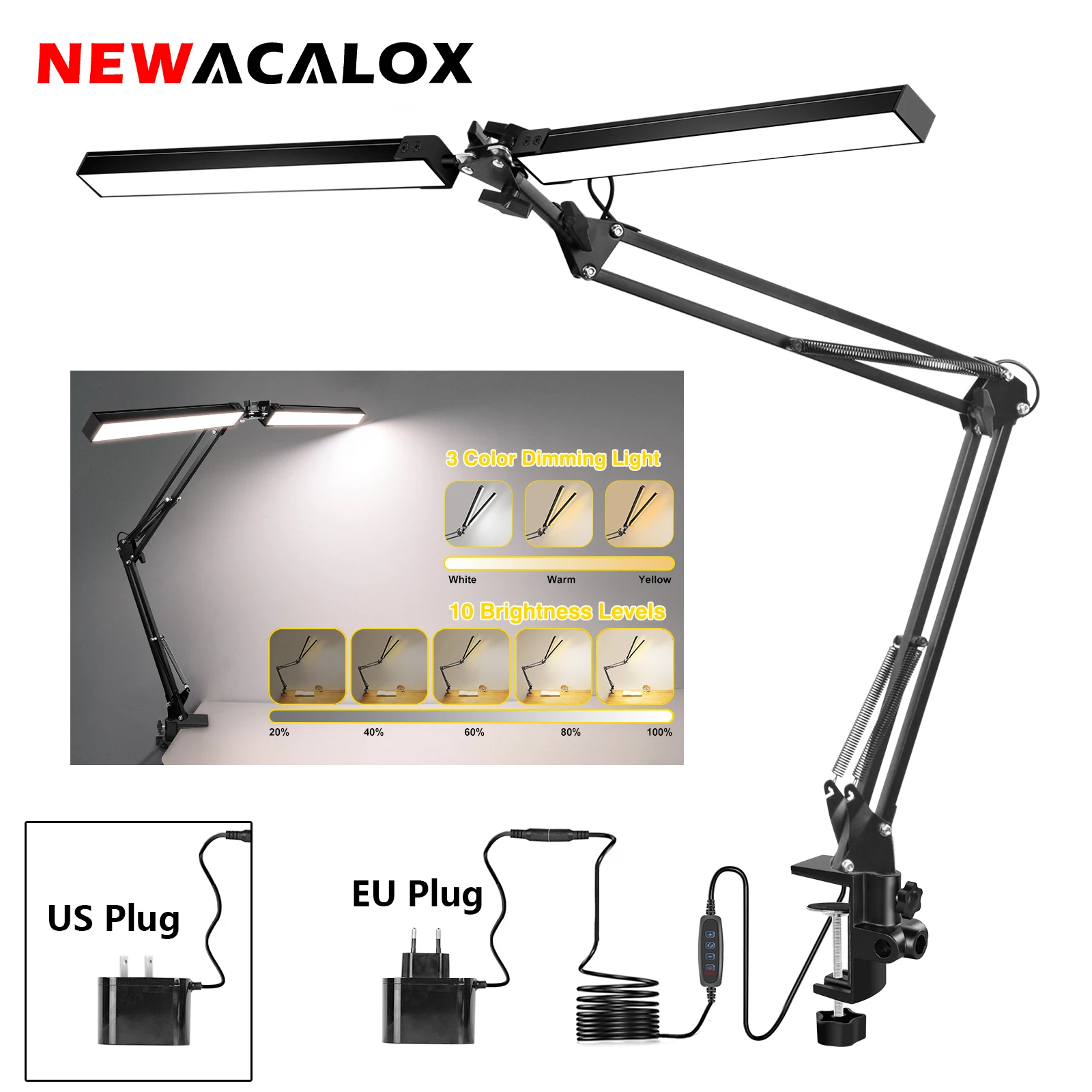 NEWACALOX Double Head LED Desk Lamp 24W Architect Desk Lamps for Home Office 3 Color Modes Eye Protection Modern Desk Lamp