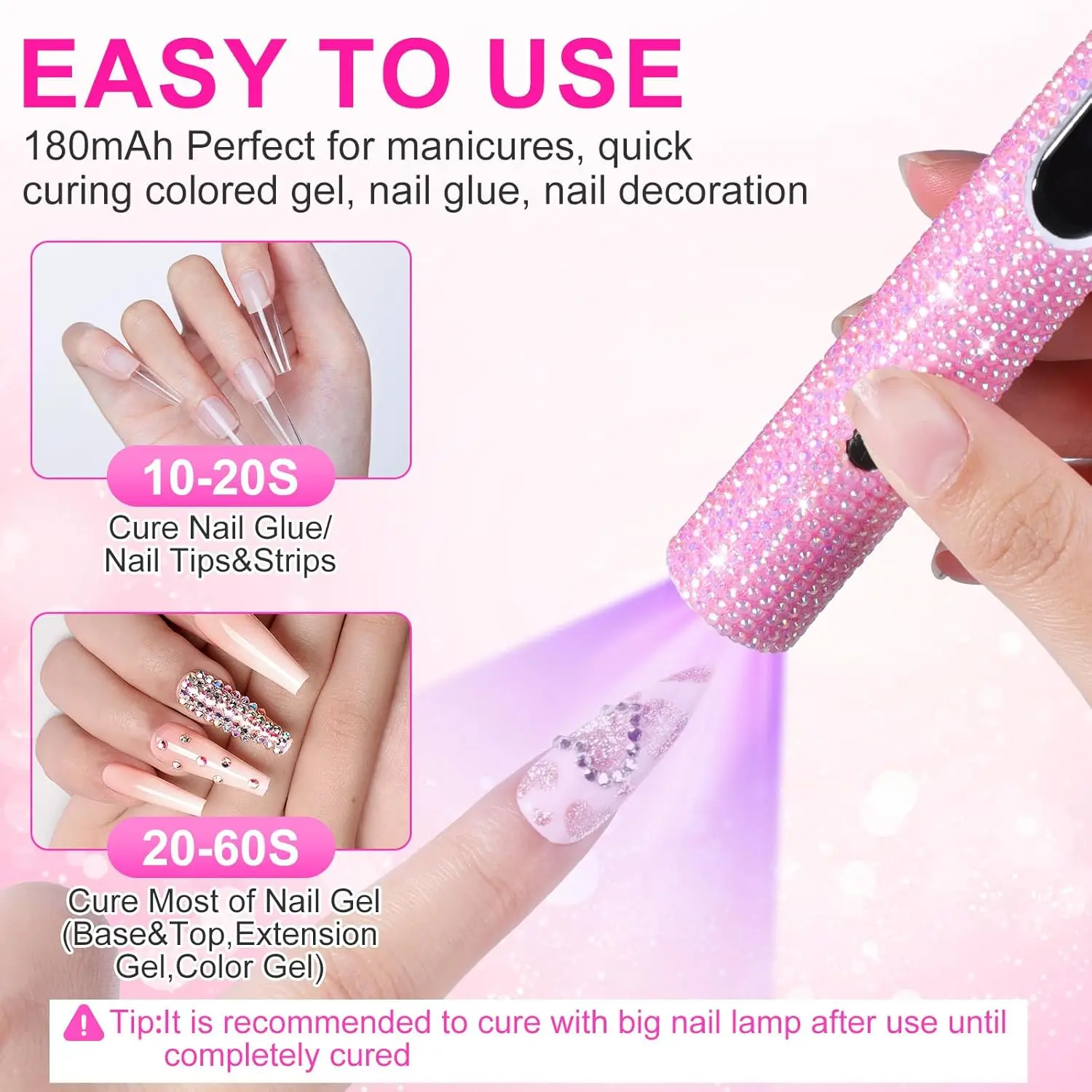 โคมไฟเล็บ LED UV ประดับเพชรแบบพกพาสําหรับเจลทาเล็บ - เครื่องเป่าเล็บไร้สายพร้อมจอแสดงผลดิจิตอล