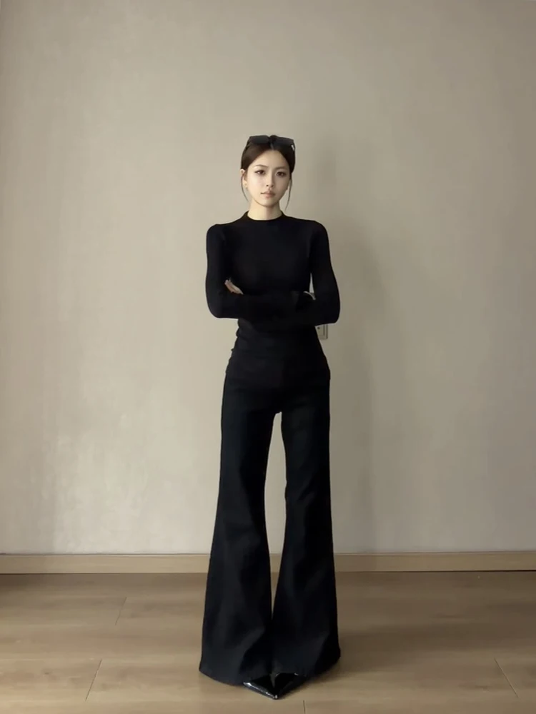 Black Long Sleeve Cotton T-Shirt Women's Early Autumn Wardrobe Essential Slim Fit round Neck Commute Style Korean Version