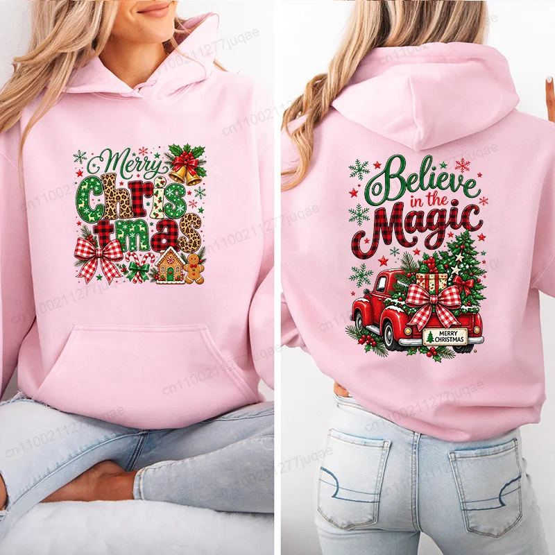 Believe in The Magic Christmas Graphic Hoodies for Women Men Merry Christmas Gingerbread Sweatshirts Xmas Holiday Hoodies Gifts