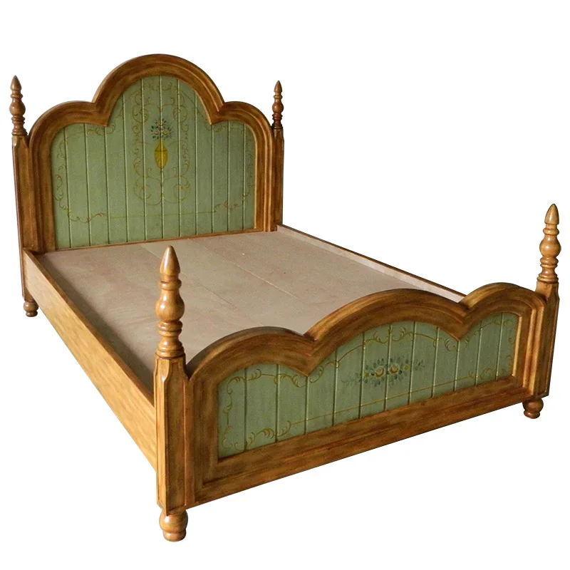 European American double bed 1.5 meters high back pillar bed master bedroom Mediterranean hand-painted retro