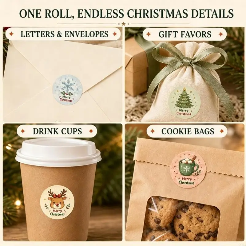 CORA Holiday Gift Seal Stickers Roll with 500 Round Christmas Labels for Bag Closure, Card Sealing, Festive Orders, Gift Wrap