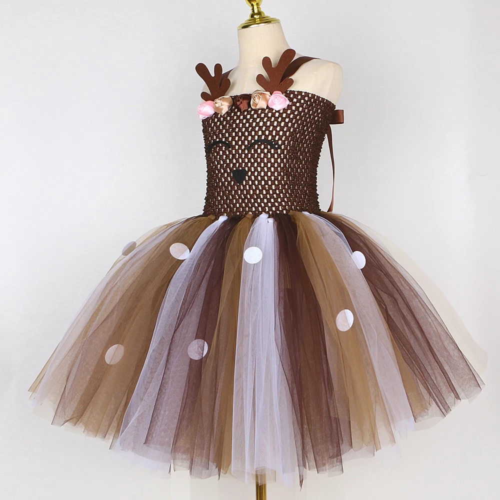 Christmas Deer Costumes for Baby Girls Flowers Reindeer Tutu Dress with Bow Kids Elf Xmas Party Outfit New Year Carnival Clothes