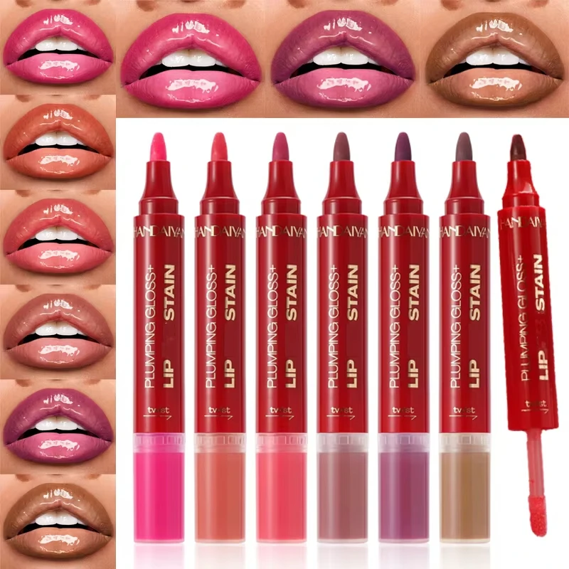 Double-headed Liquid Lip Gloss Pen Lip Contour Liner Oil 2in1 Waterproof Tint Nude Oil Plump Gloss Mirror Lasting Moisturizing