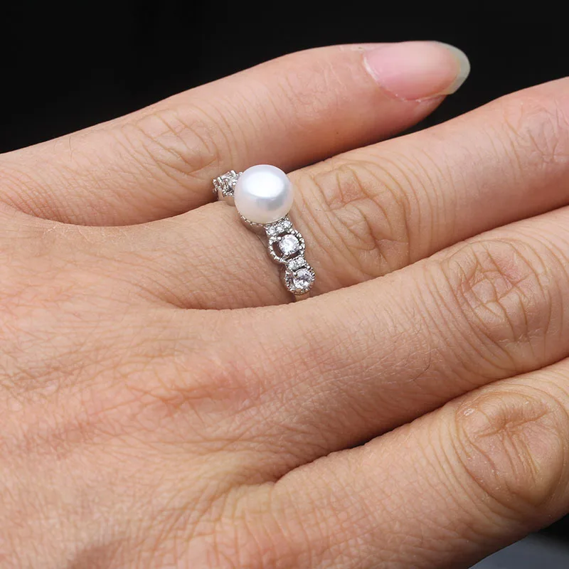 Real Natural Freshwater Pearl Rings,Vintage 925 Silver Ring with Real Pearls Adjustable Mother Wife Birthday Gift  White Black
